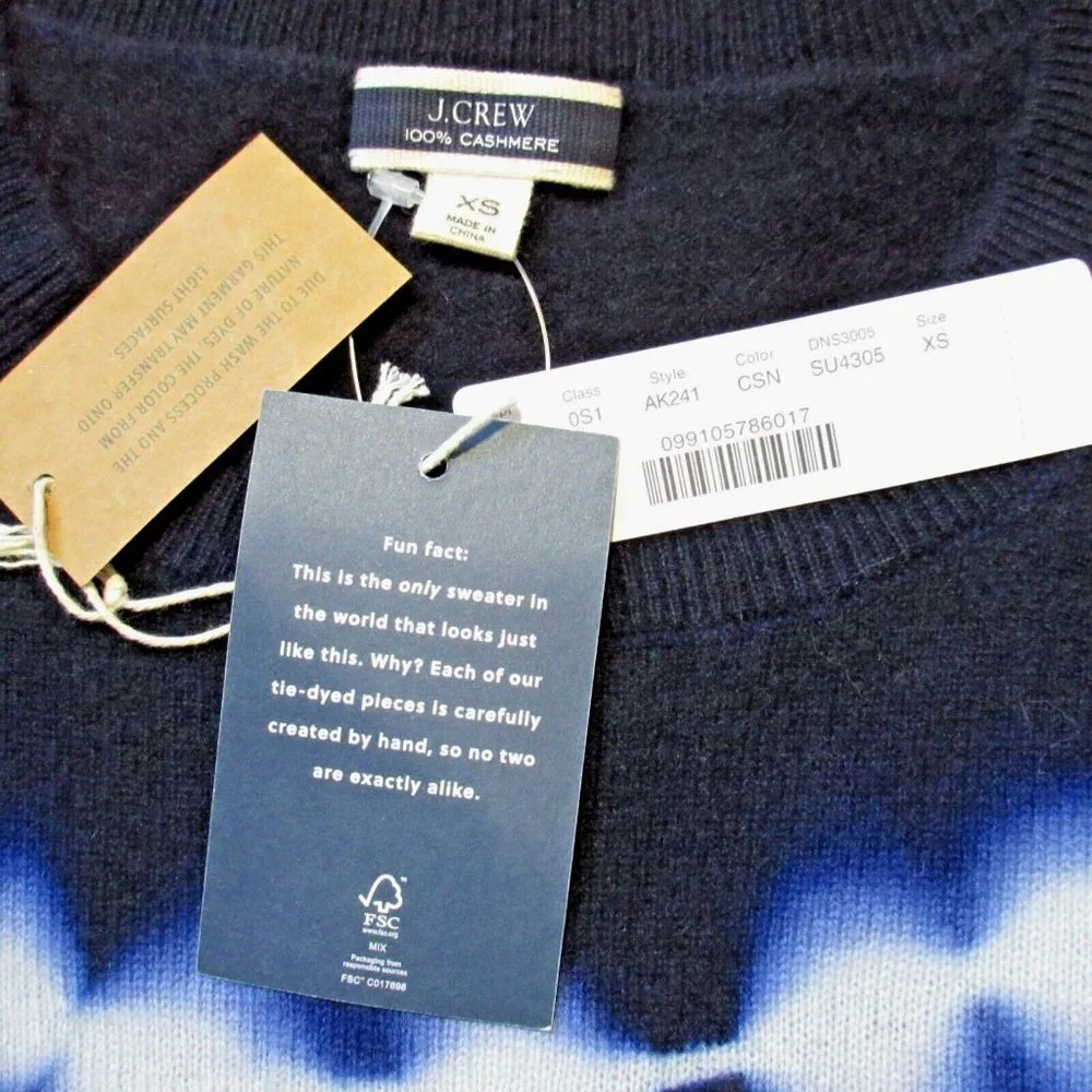 NWT J.Crew Long-sleeve Tie-dyed Cashmere Crewneck Dress in Classic Navy Sky XS
